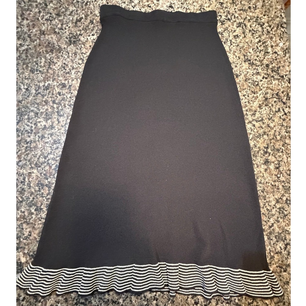 Black Knit A-Line Midi Skirt‎ Scalloped Striped Hem Pull On Stretchy Skirt